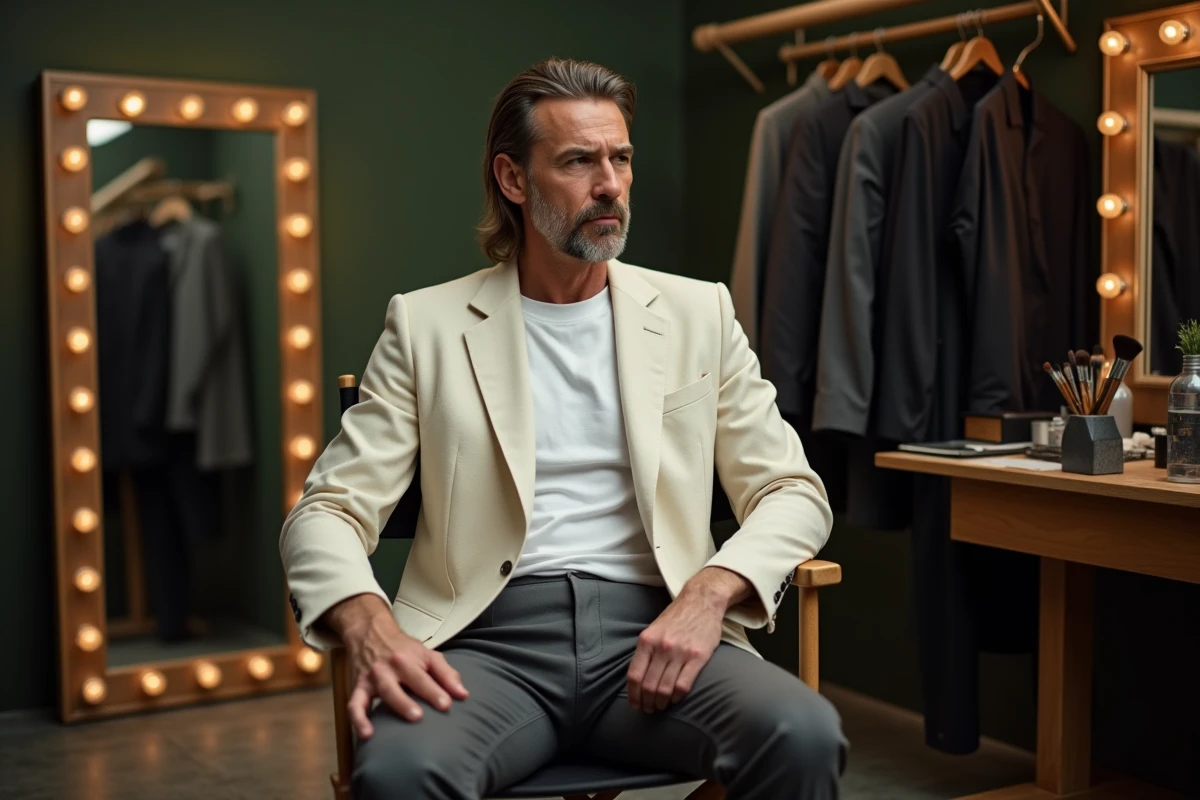 Acteur avec coupe mulet tendance dans les coulisses d'un tournage cinématographique