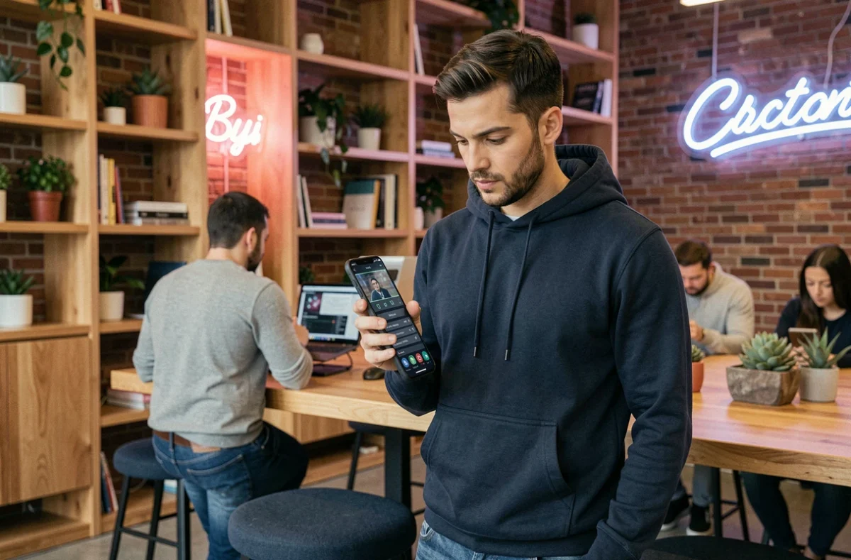 Jeune homme découvrant une interface de réalité augmentée sur smartphone pliable dans un espace de coworking urbain