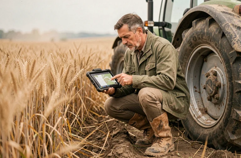 Agriculteur utilisant une tablette connectée pour analyser les données de récolte en temps réel devant un tracteur GPS dans un champ de blé