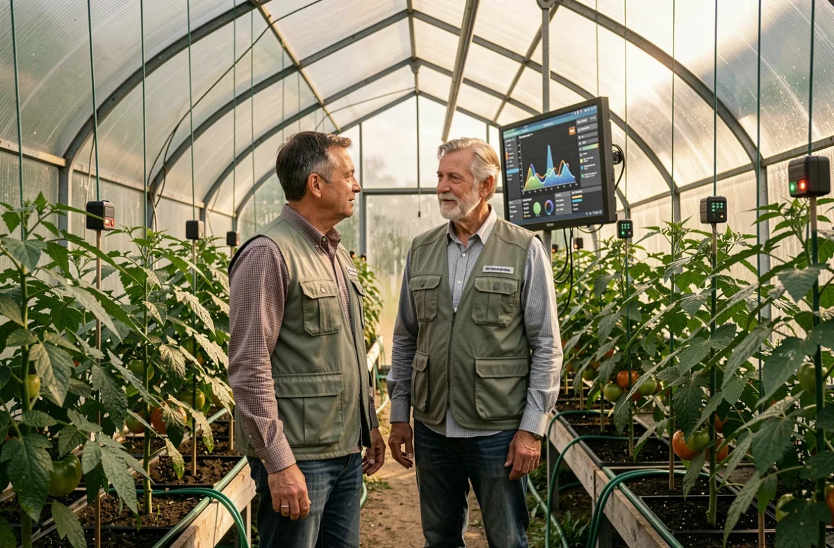 Deux agronomes consultant un tableau de bord numérique de suivi des cultures dans une serre équipée de capteurs sans fil connectés