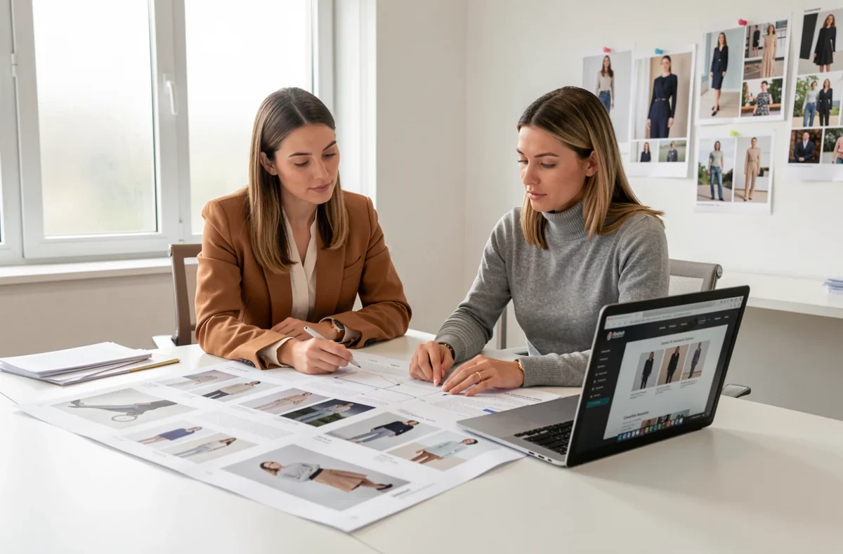 Deux femmes analysant la structure et le sitemap d'un site de mode autour d'une table dans un studio créatif professionnel