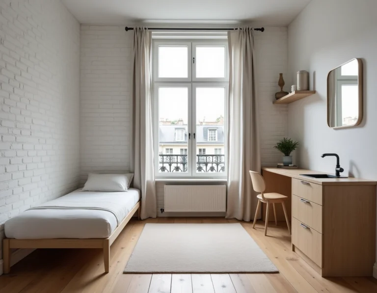 Appartement F1 studio compact à Paris avec kitchenette et lit simple dans un espace ouvert optimisé