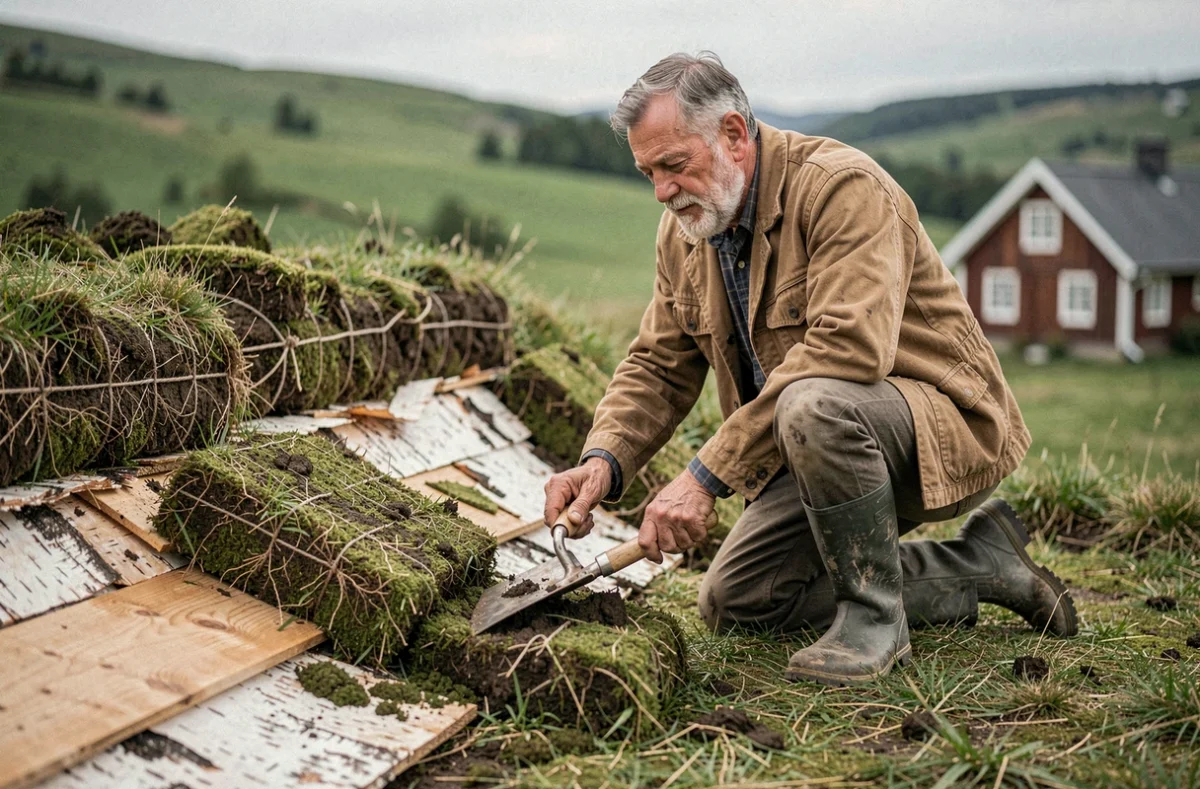 Artisan posant des plaques de gazon sur un toit traditionnel norvégien lors d'une rénovation en milieu rural