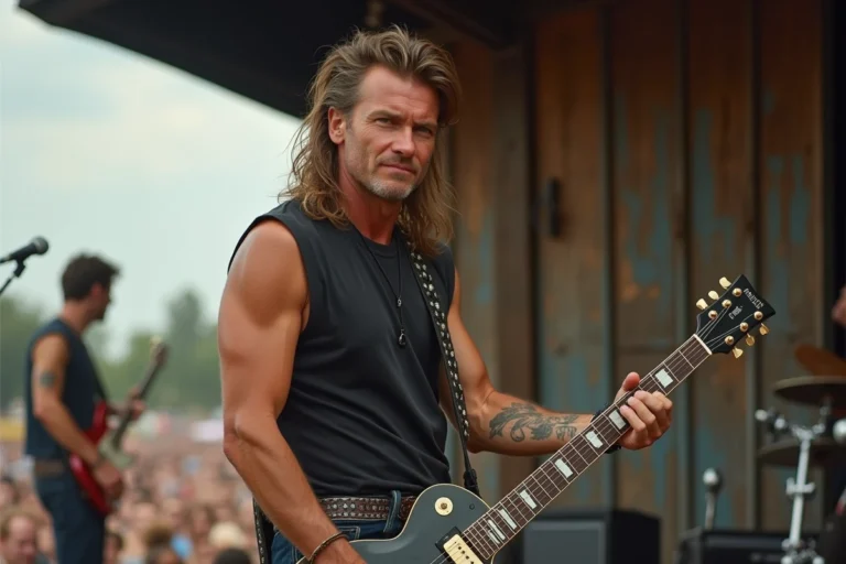 Chanteur masculin avec coupe mulet classique sur scène en tenue rock vintage des années 80
