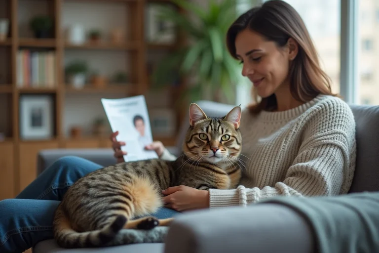 Chat senior tacheté repose avec sa propriétaire dans un salon cosy
