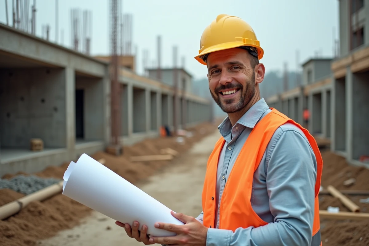 Chef de projet immobilier sur chantier de construction avec plans et équipements de sécurité