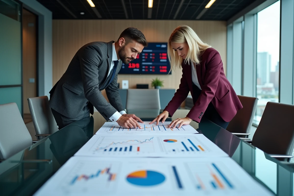 Deux collègues discutant de stratégies d'investissement boursier autour d'infographies financières dans une salle de réunion moderne