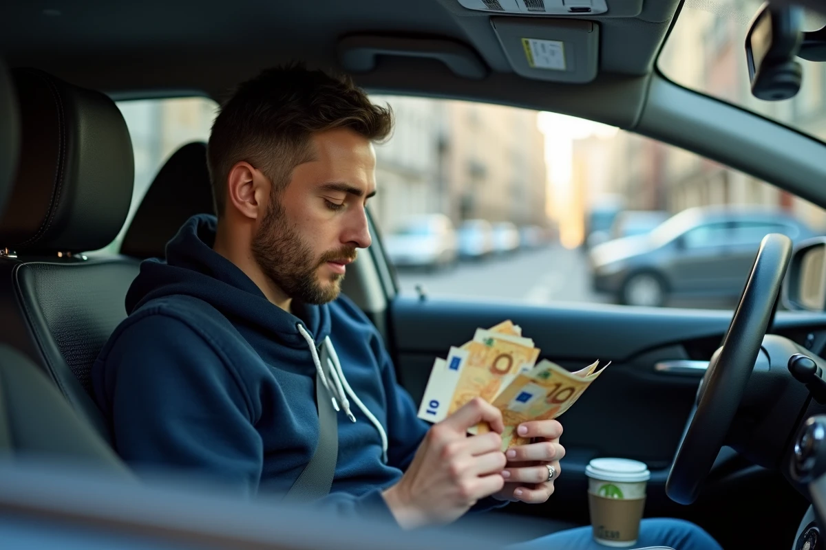 Conducteur Blablacar comptant des billets en espèces reçus après un trajet de covoiturage
