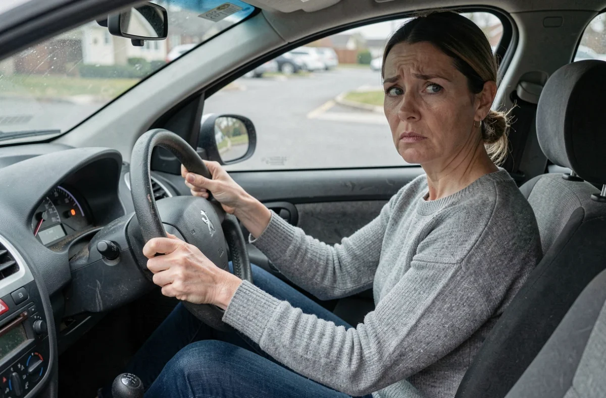 Femme conductrice inquiète face aux voyants allumés sur le tableau de bord de sa Peugeot 206