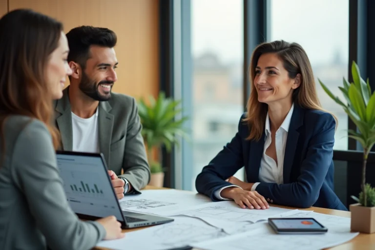 Consultante immobilière présentant un projet de construction à un couple dans un bureau moderne avec plans architecturaux