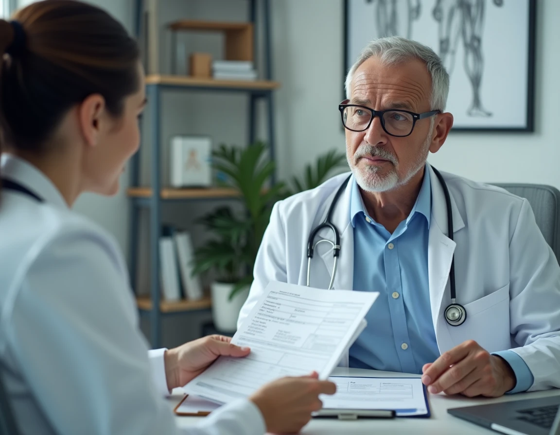 Patient consultant son médecin au sujet d'un dosage excessif de Levothyrox, discussion autour d'une ordonnance dans un cabinet médical