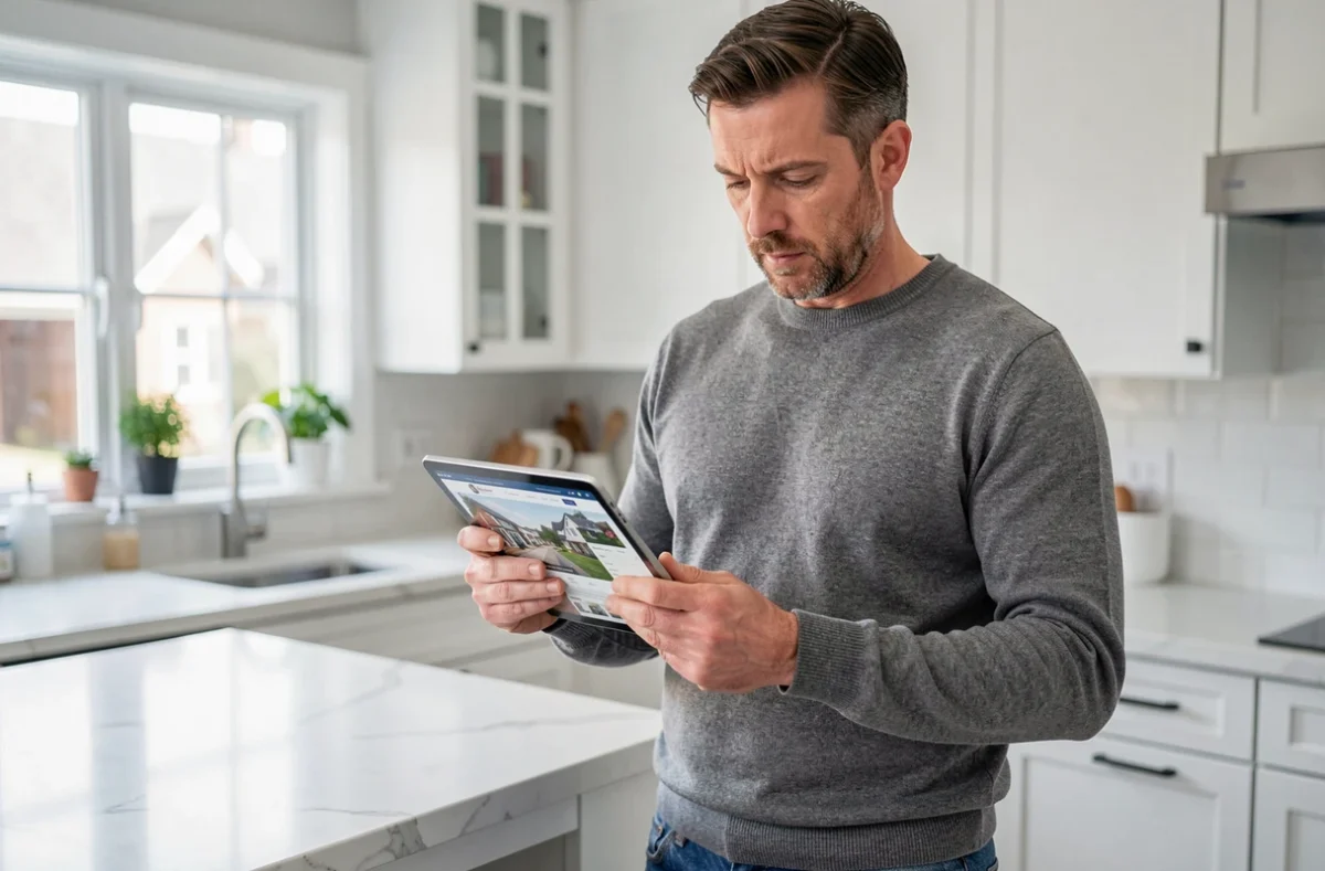 Homme consultant le plan du site Immodeule sur une tablette dans une cuisine moderne