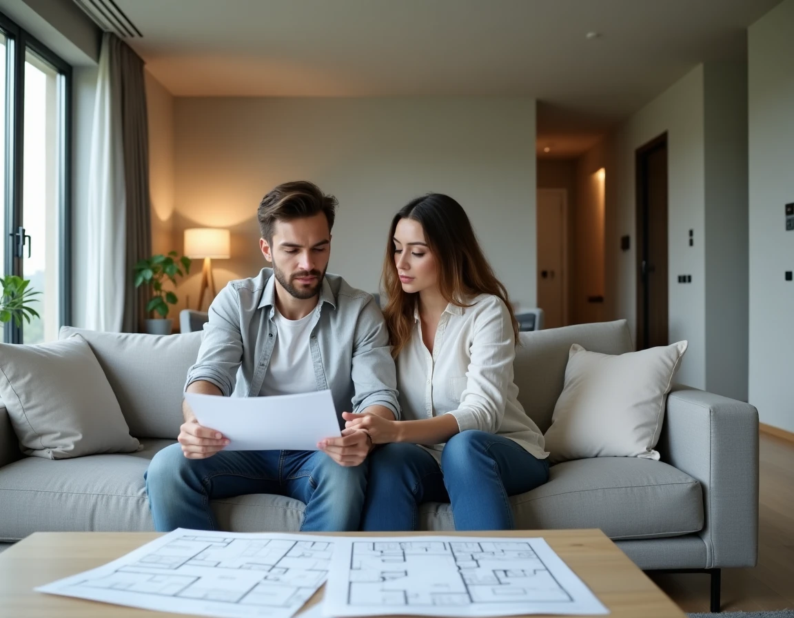 Couple dans un appartement F2 moderne examinant des plans de logement dans le salon
