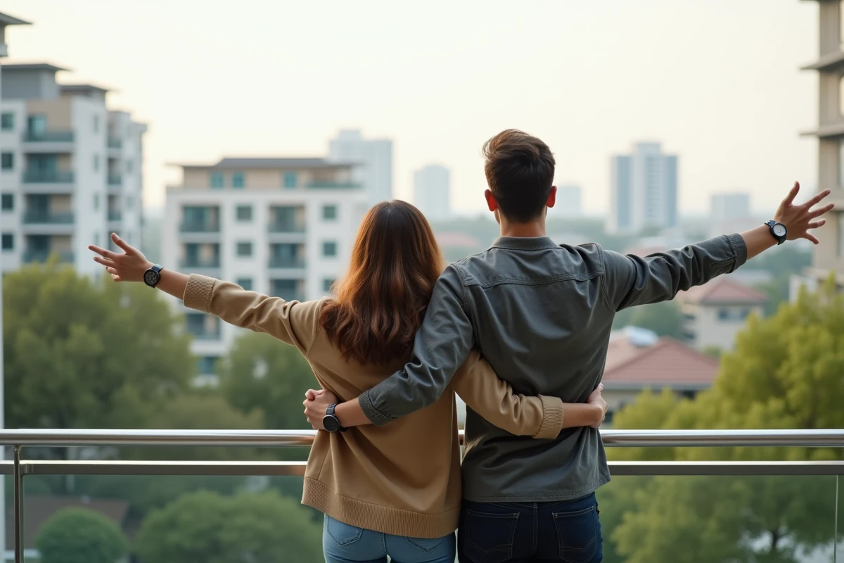 Jeune couple sur un balcon avec vue sur la ville moderne