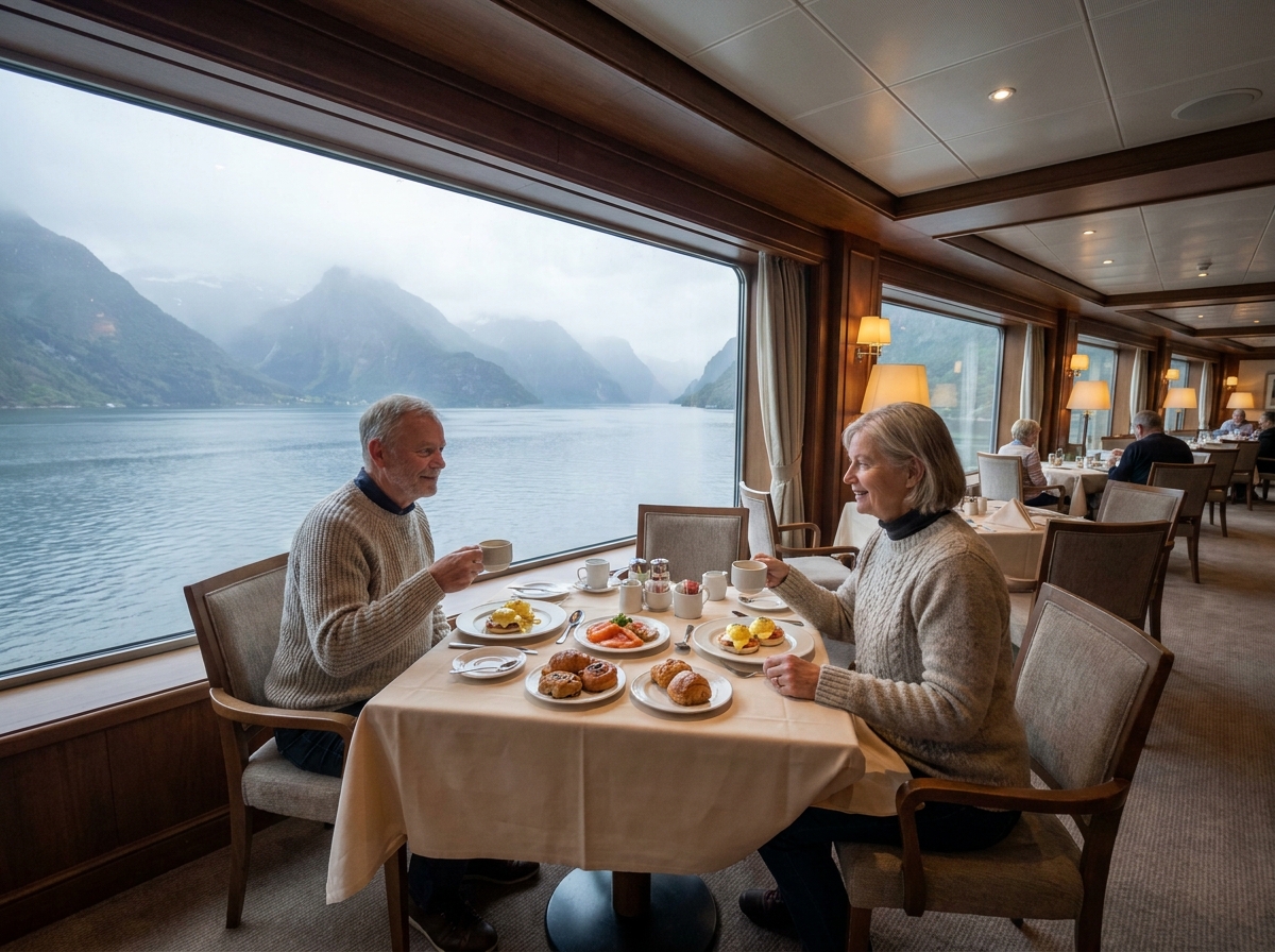 Couple mature dégustant petit déjeuner face aux fjords
