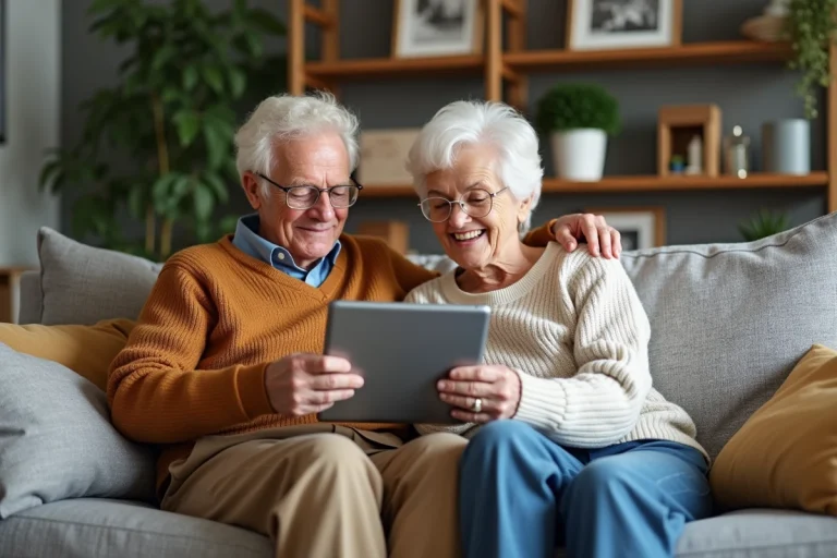 Couple senior souriant avec tablette dans un salon chaleureux