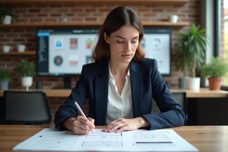 Une professionnelle analyse des maquettes de site web dans un bureau moderne avec un écran affichant une interface de conception web