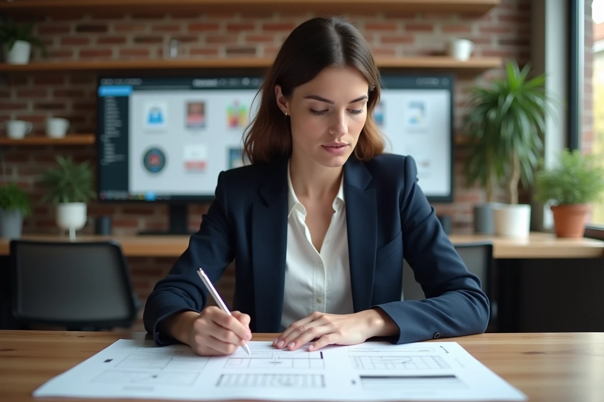 Une professionnelle analyse des maquettes de site web dans un bureau moderne avec un écran affichant une interface de conception web