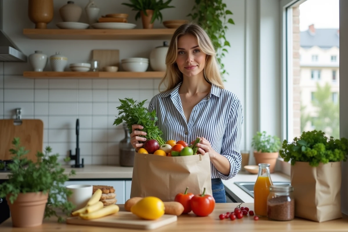 Jeune femme déballant ses courses sur le plan de travail d'une cuisine française moderne