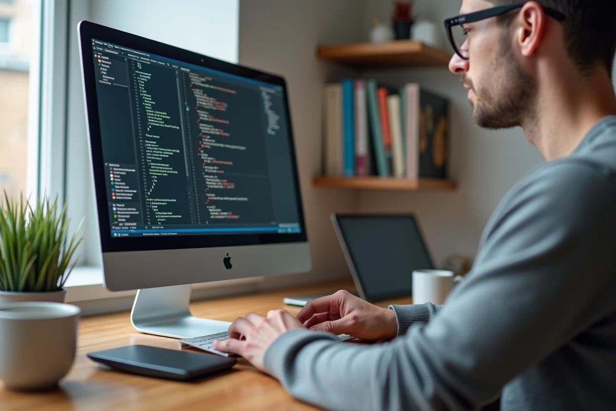 Un développeur web travaille sur son code dans un espace de travail à domicile épuré avec une bibliothèque de ressources techniques