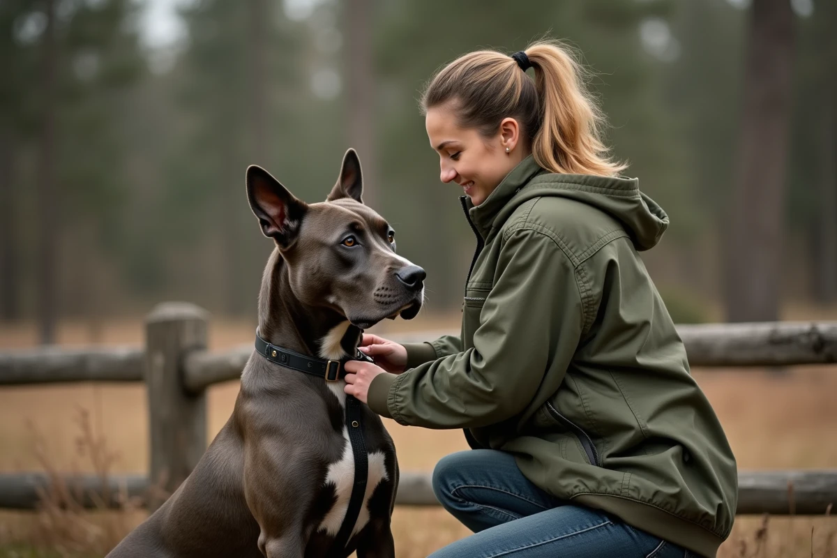 Jeune dresseuse avec un pitbull en milieu naturel