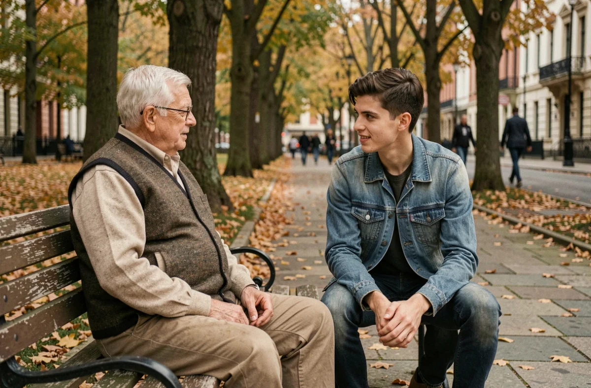 Un homme retraité et un jeune adulte discutent sur un banc de parc en automne, symbolisant l'échange intergénérationnel entre générations