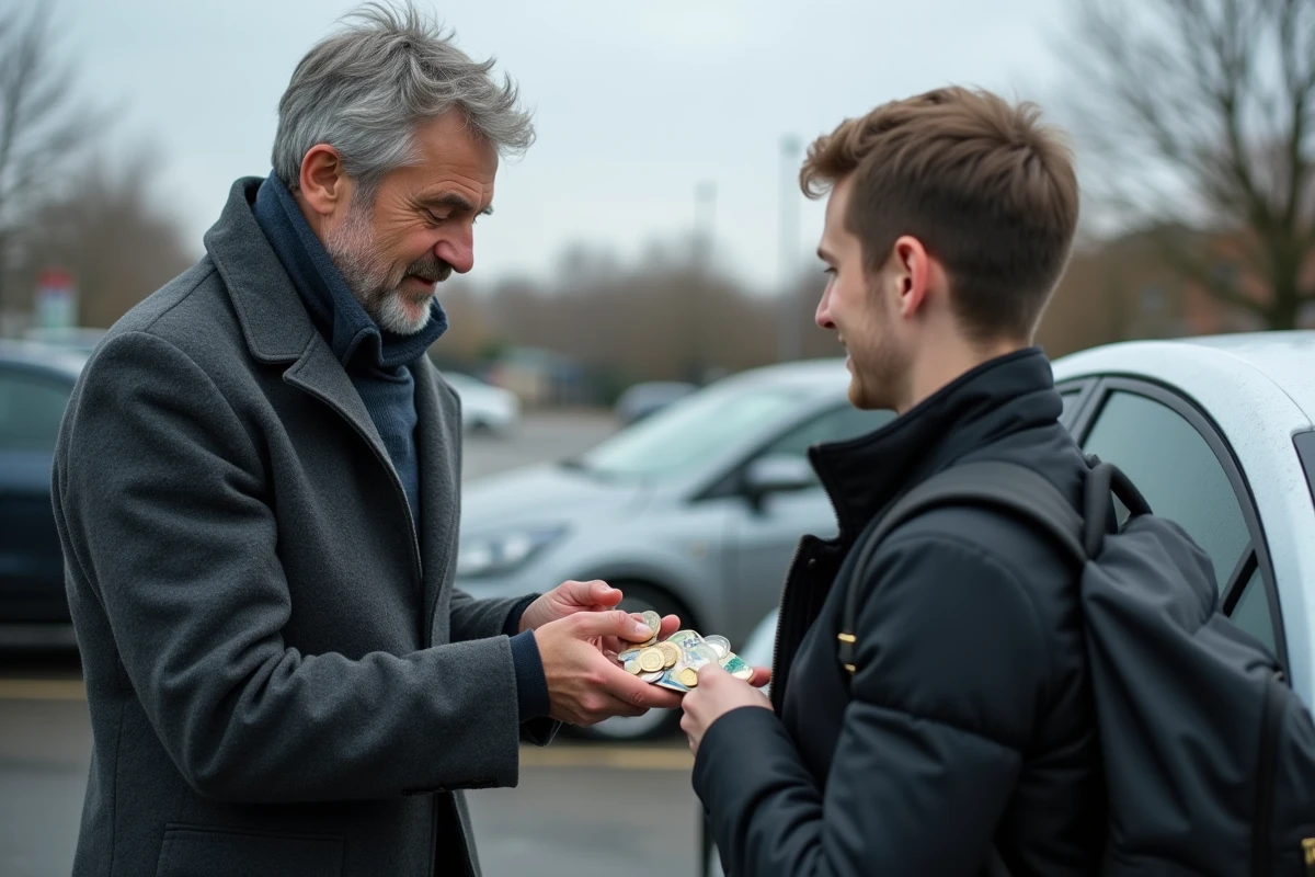 Échange de paiement en liquide entre passager et conducteur Blablacar dans un parking