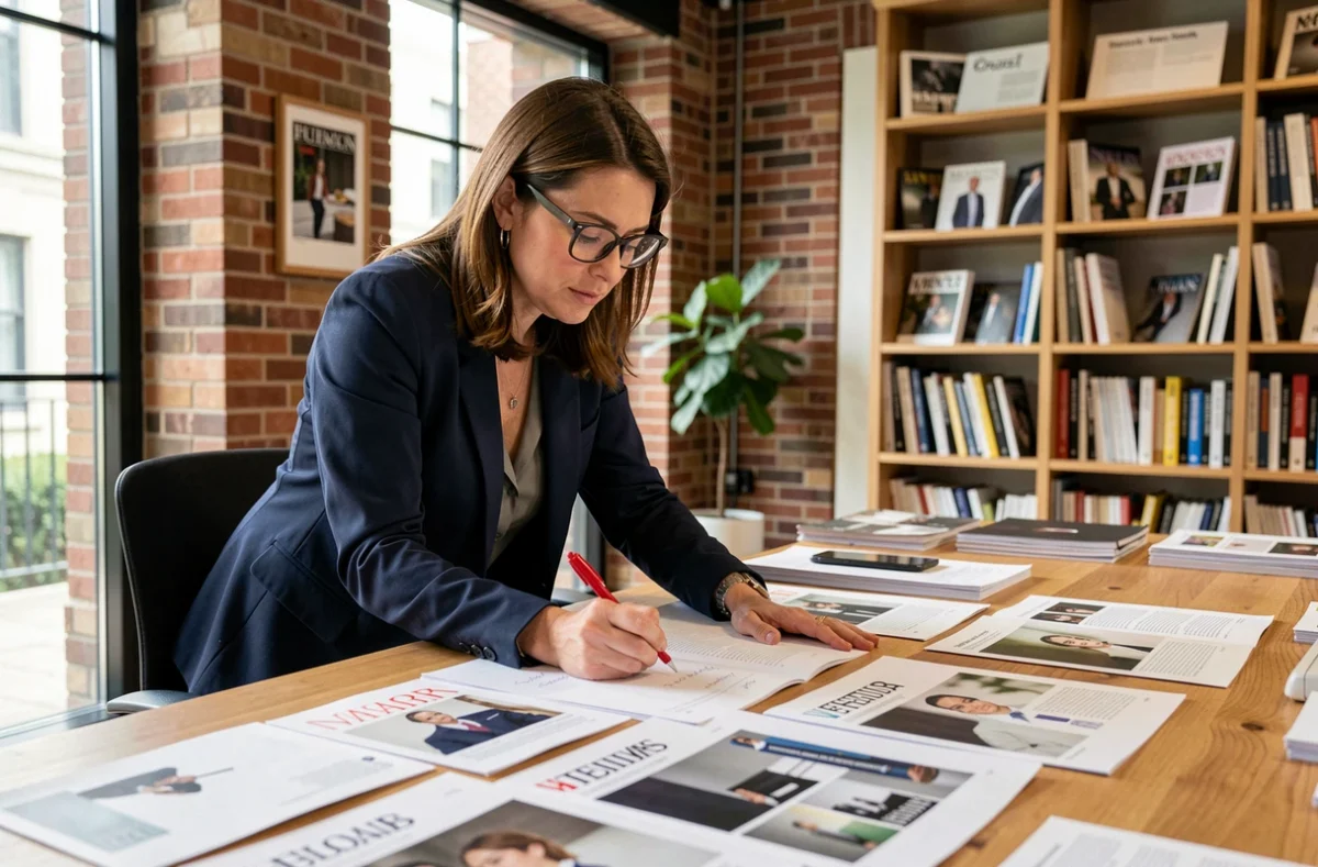 Éditrice analysant des maquettes de magazines dans un bureau moderne de presse et d'édition