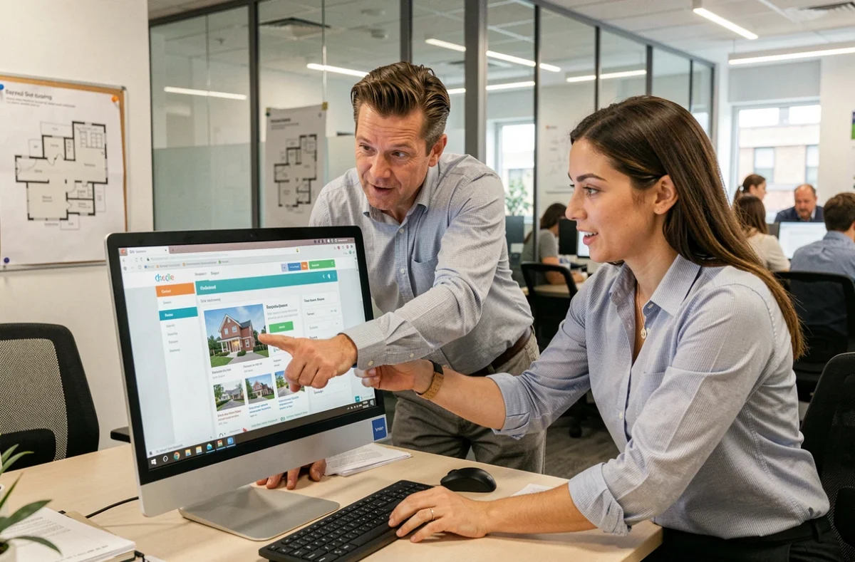 Deux professionnels de l'immobilier explorant ensemble le plan du site Immodeule dans une agence moderne