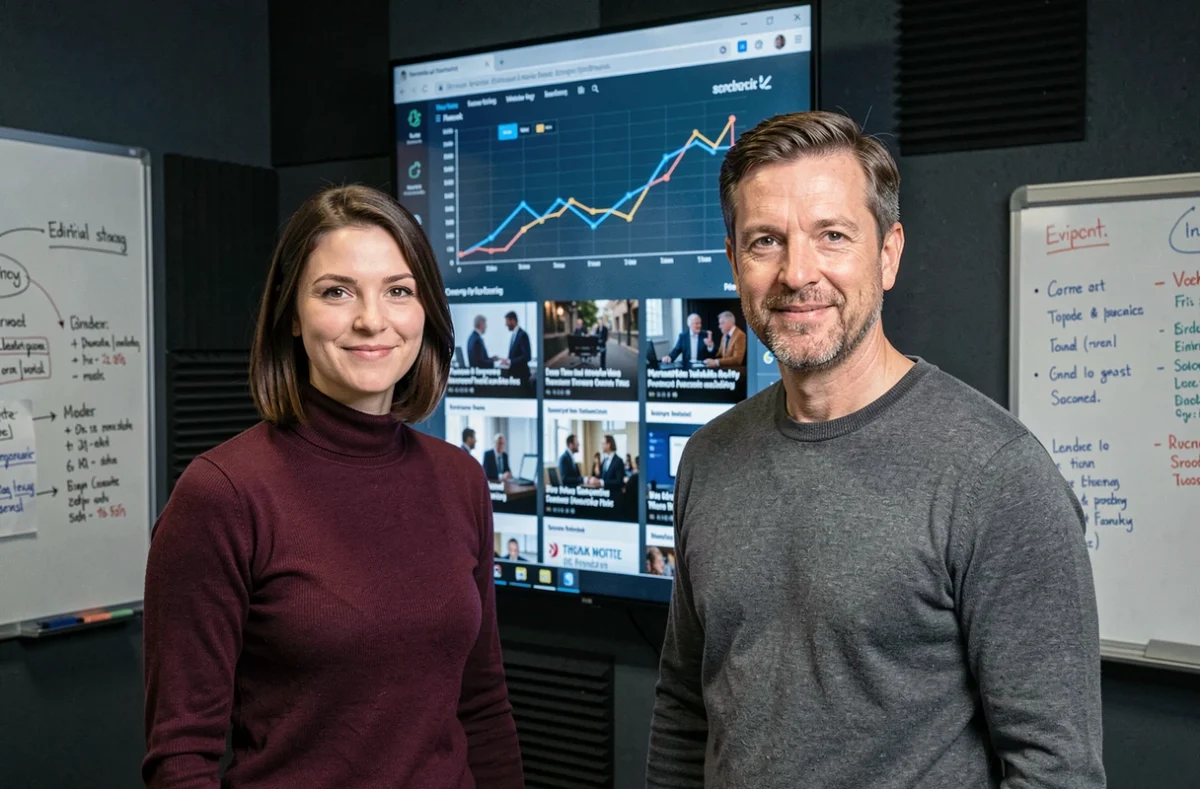 Équipe éditoriale analysant les tendances de la presse sur un écran interactif en studio
