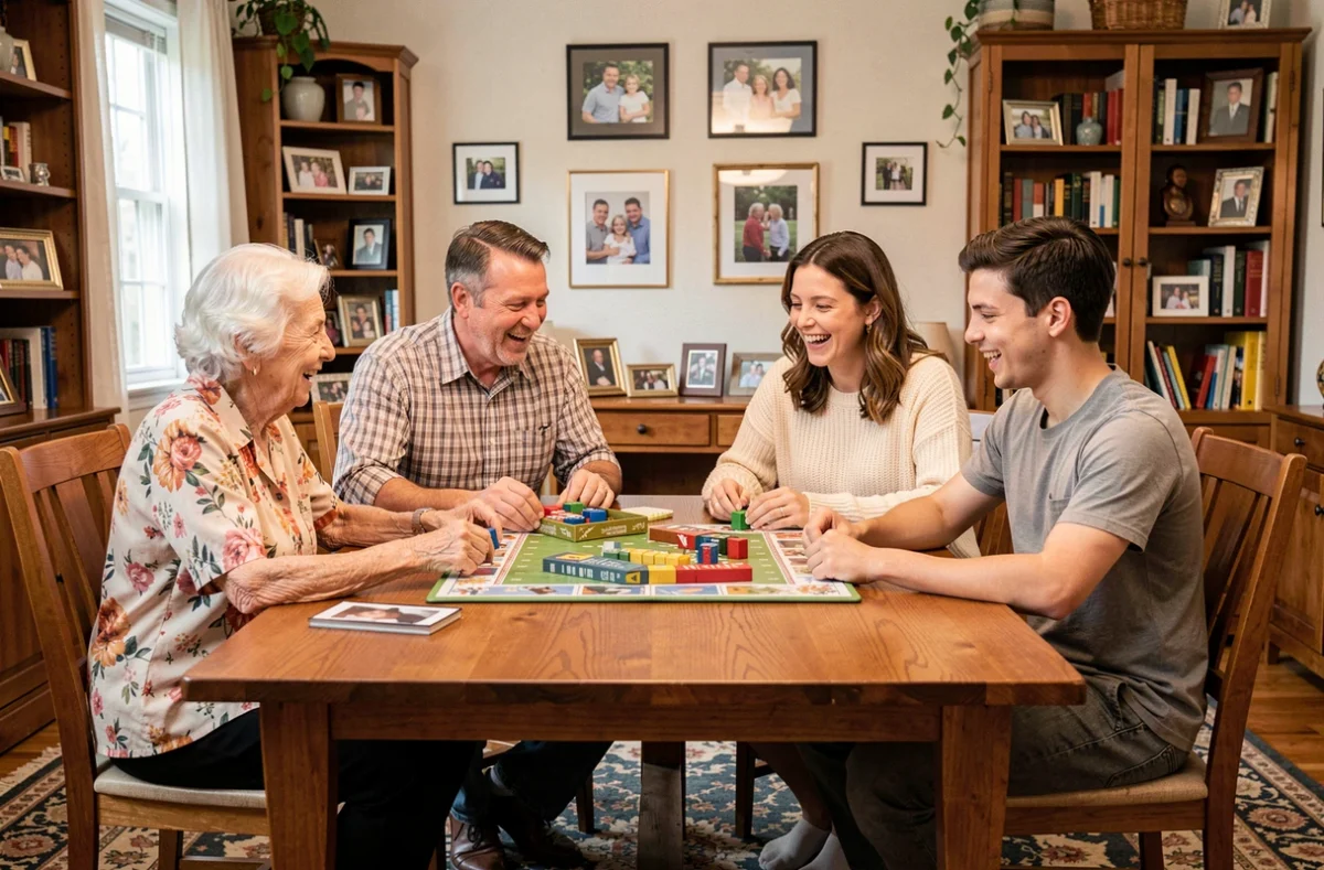 Une famille de quatre générations joue à un jeu de société ensemble dans un salon chaleureux, illustrant la richesse des relations intergénérationnelles en famille