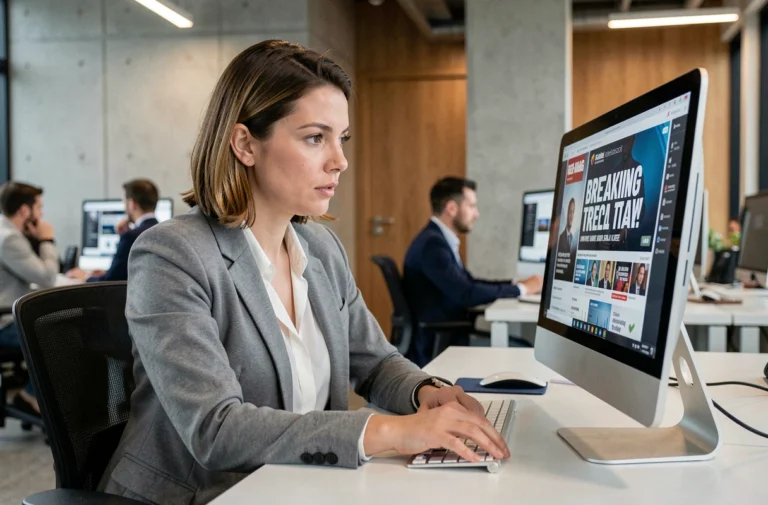 Femme consultant les dernières actualités en temps réel sur un écran d'ordinateur dans une salle de rédaction moderne