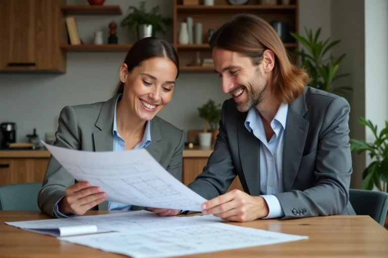 Femme souriante examinant des plans de maison avec un agent immobilier
