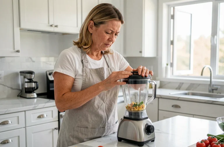 Femme inspectant un blender en panne sur un plan de travail en marbre dans une cuisine moderne