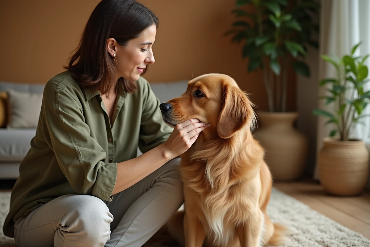 Femme qui brosse son golden retriever dans un salon cosy, soin quotidien de l'animal de compagnie