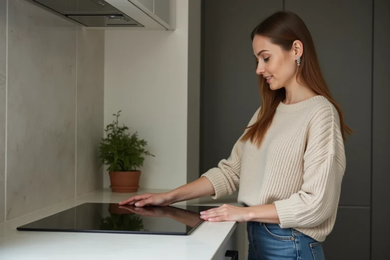 Femme touchant un plan de cuisson induction moderne dans une cuisine