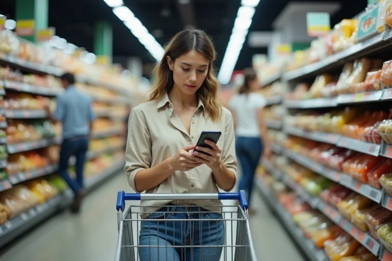 Femme faisant ses courses dans un supermarché en poussant un caddie dans un rayon