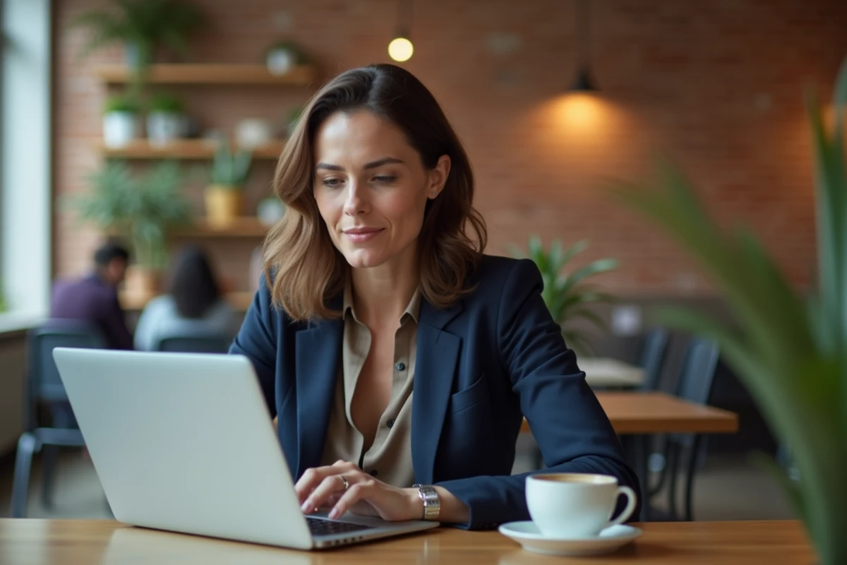 Femme investisseuse consultant des données financières sur un ordinateur portable dans un espace de coworking contemporain