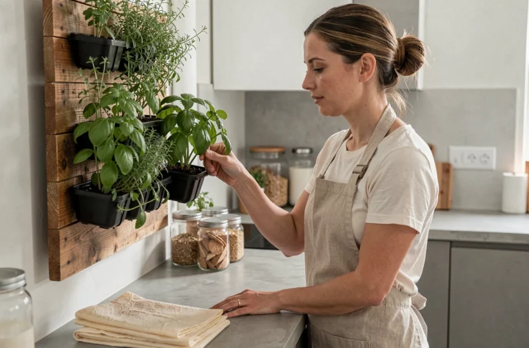 Femme entretenant un potager mural intérieur dans une cuisine éco-responsable avec des matériaux durables et des plantes aromatiques