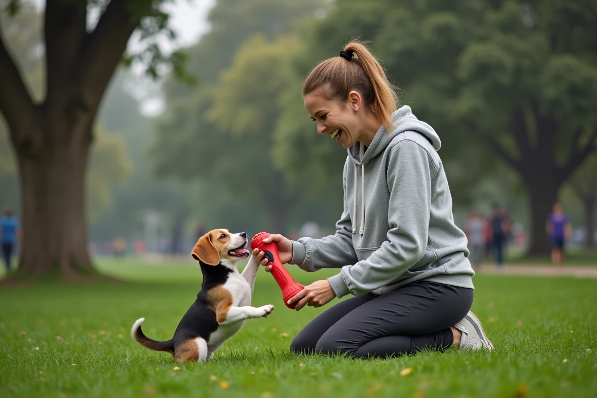 Jeune femme jouant avec un chiot beagle dans un parc verdoyant, activité physique et bien-être de l'animal