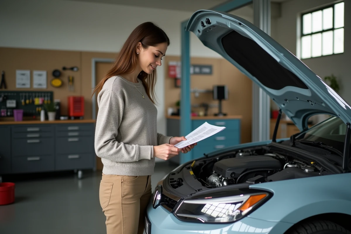 Femme lisant un manuel de voiture dans un garage moderne