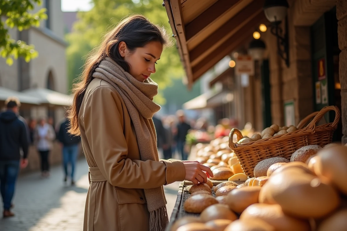 Jeune femme au marché dans le village de La Pommeraye
