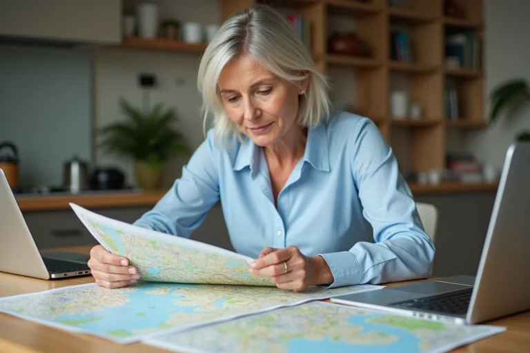 Femme d'âge moyen étudie une carte immobilière à la maison