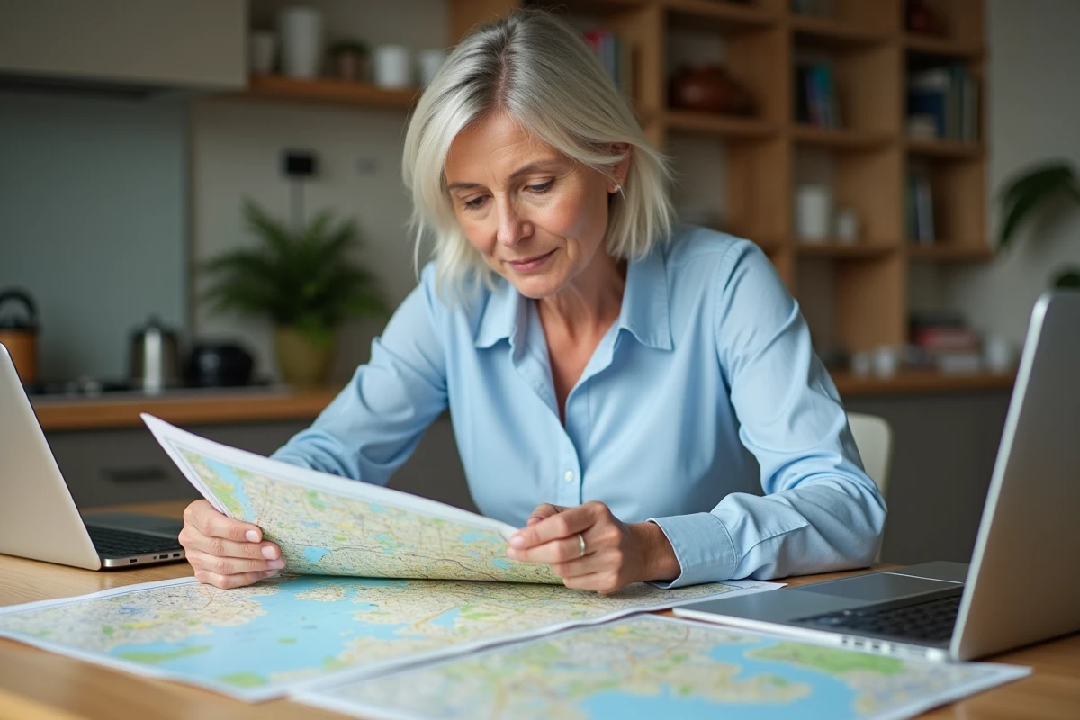 Femme d'âge moyen étudie une carte immobilière à la maison