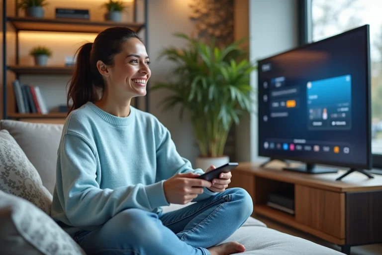 Femme souriante réglant une smart TV dans un salon moderne