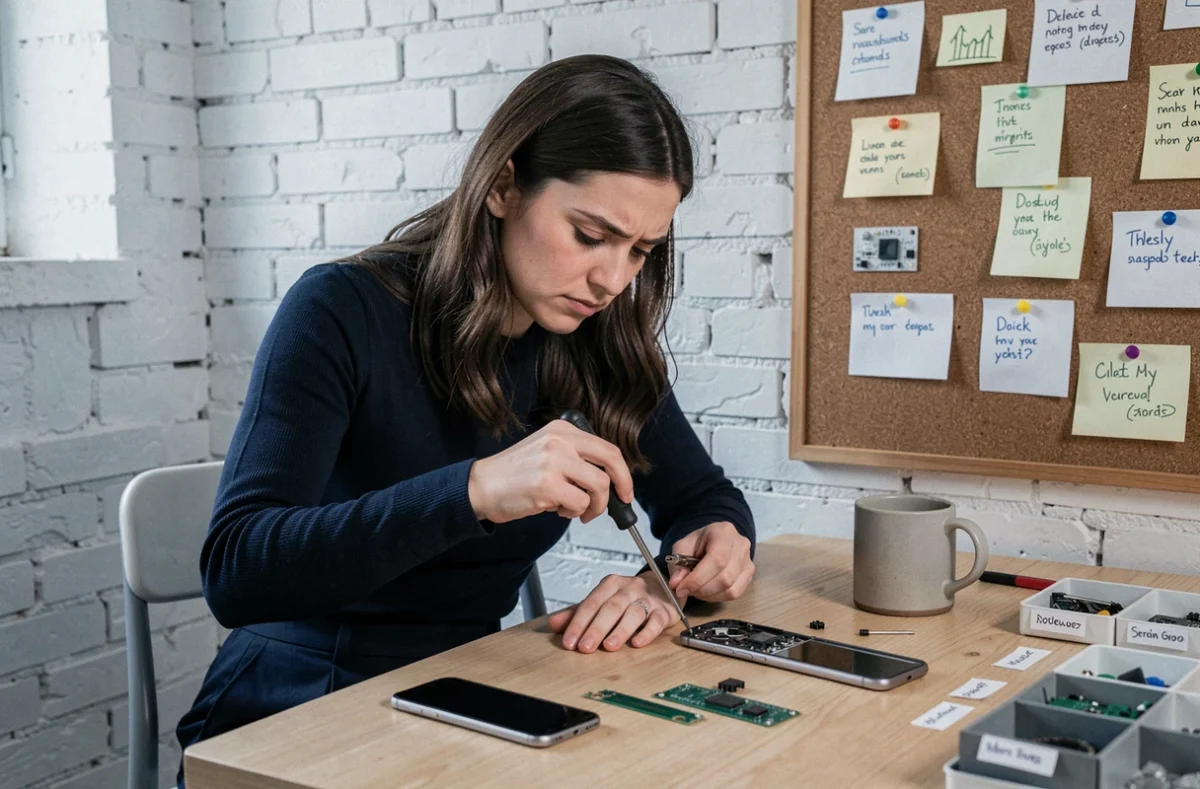 Femme réparant un smartphone modulaire à son bureau, symbole de l'économie circulaire et de l'innovation éco-responsable au quotidien