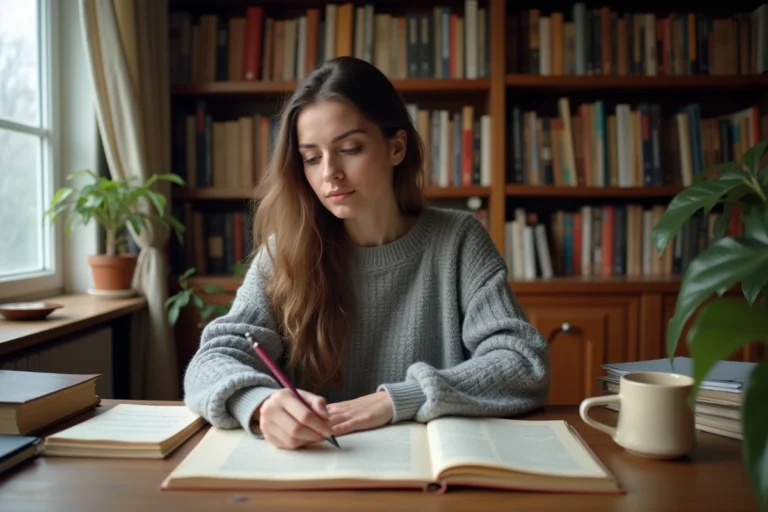 Femme concentrée qui révise les règles de grammaire française sur un bureau en bois entouré de livres et de notes manuscrites
