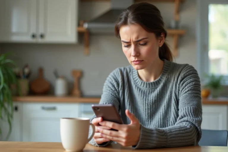 Femme tenant un smartphone affichant un numéro inconnu, cherchant à identifier l'appelant via un annuaire inversé gratuit