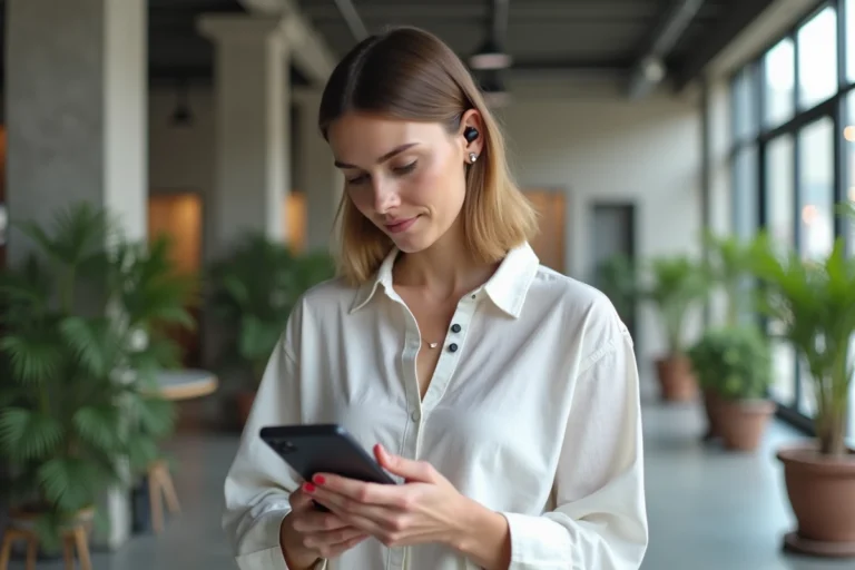 Femme utilisant un smartphone pliable dans un espace de co-working moderne en 2024
