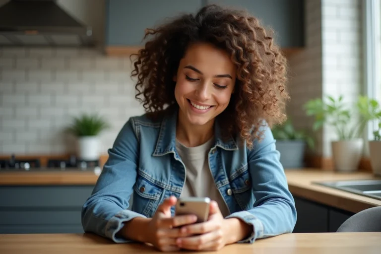 Jeune femme souriante utilisant son smartphone à la maison